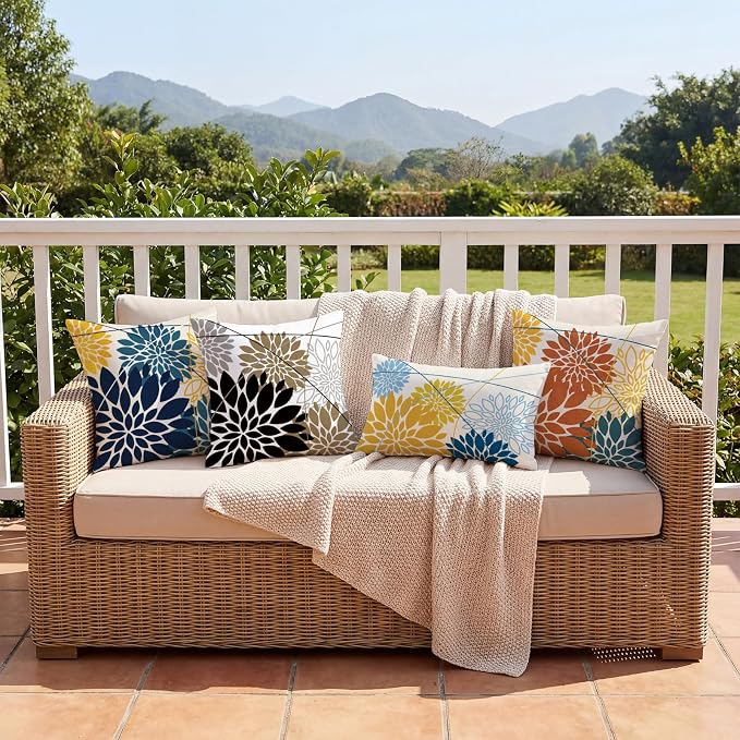 OTOSTAR Outdoor Black Brown Pillow Covers 12x20 Inch Set of 2 Light Brown Flower Throw Pillows Farmhouse Geometric Dahlia Floral Lumbar Cushion Case Waterproof Decor for Sofa Patio Funiture Garden
