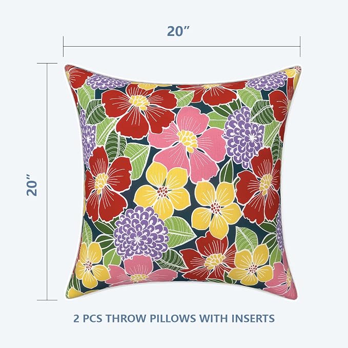 LVTXIII Outdoor Throw Pillows 20x20 Patio Waterproof Square Pillows with Piping Fade Resistant Accent Pillow for Spring Summer Garden Decoration, Set of 2, Flower Bloom