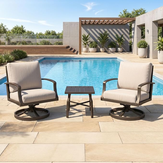 3-Piece Patio Furniture Set, Never-Rust Aluminum Swivel Patio Sofa Set with 2 Swivel Armchairs and Side Table, Patio Conversation Set with Cushions for Porch, Backyard, Poolside, Dark Bronze