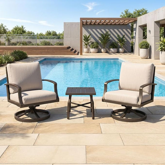 3-Piece Patio Furniture Set, Never-Rust Aluminum Swivel Patio Sofa Set with 2 Swivel Armchairs and Side Table, Patio Conversation Set with Cushions for Porch, Backyard, Poolside, Dark Bronze