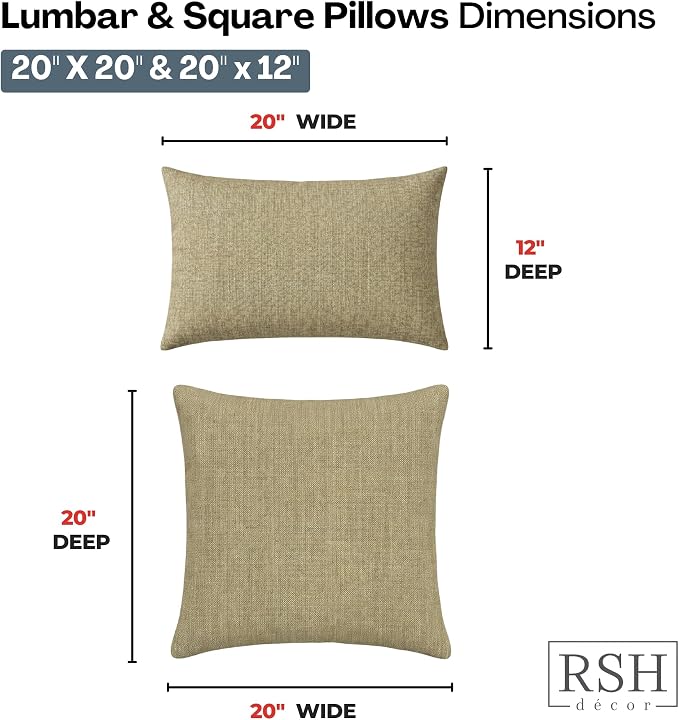 RSH DECOR: Sunbrella Lumbar & Square Pillows Set of 4 | 20" x 12" & 20" x 20" | Water and Fade-Resistant Performance Fabric | Outdoor Throw Pillows for Patio Furniture | Made in USA (Cast Tinsel)