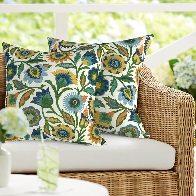 DYTXIII Pack of 2 Outdoor Waterproof Pillow Covers ONLY, 18"x18" Square Decorative Double Printed Throw Pillow Cases for Patio Couch Porch Furniture, Fiesta Floral