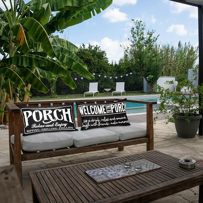 Welcome Porch Outdoor Pillow Covers 12x20 Inch Waterproof Black Decorative Throw Pillows for Patio Furniture Garden Cushion Case Bench Decor