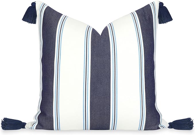 Hofdeco Premium Coastal Hampton Outdoor Performance Throw Pillow Cover Only, 20"x20" Water Repellent, UV and Fade Resistant for Backyard, Couch, Poolside, Indigo Azure Blue Woven Harbor Stripes