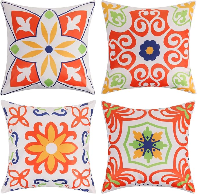 Pyonic Outdoor Waterproof Throw Pillow Covers for Patio Furniture Decorative Boho Pillow Covers 20x20 Floral Printed for Patio Tent Couch Garden Set of 4,Yellow