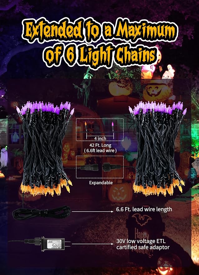 Orange Purple Outdoor Halloween Lights, 39Feet 100LED Christmas Mini Lights | 8 Lighting Modes, Connectable, Waterproof, String Fairy Lights Plug In for Garden Patio Party Wedding Xmas Tree Decoration