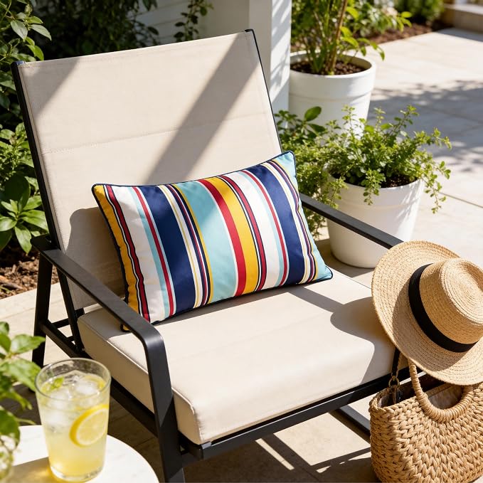 Waterproof Outdoor Pillow Covers 12x20 Inch Set of 2, Colorful Stripe Decorative Throw Pillow Cover with Piping, Modern Farmhouse Cushion Cases for Summer Patio Garden Porch Balcony Beach