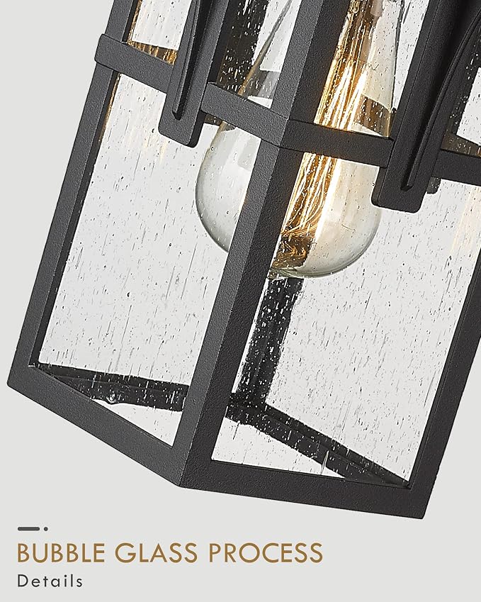 Outdoor Light Fixture, HWH Large Outdoor Wall Lantern, 1-Light Exterior Wall Mount Light with Seeded Glass, Matte Black Finish, 15" Height, HX1B BK (Large)
