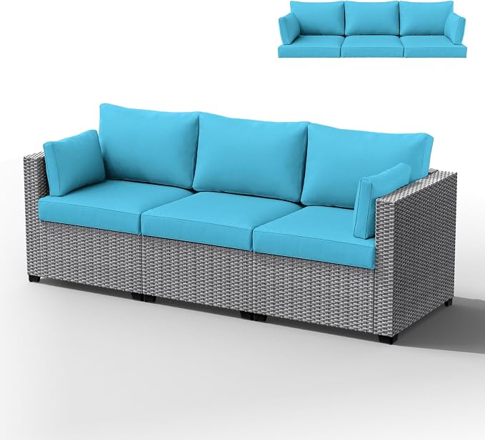 Outdoor Furniture Replacement Cushions, Waterproof Patio Furniture Cushions, 4" Deep Seat Outdoor Sectional Cushion for 3-Seat Outdoors Rattan Sofa Patio Sofa Cushion, Lake Blue