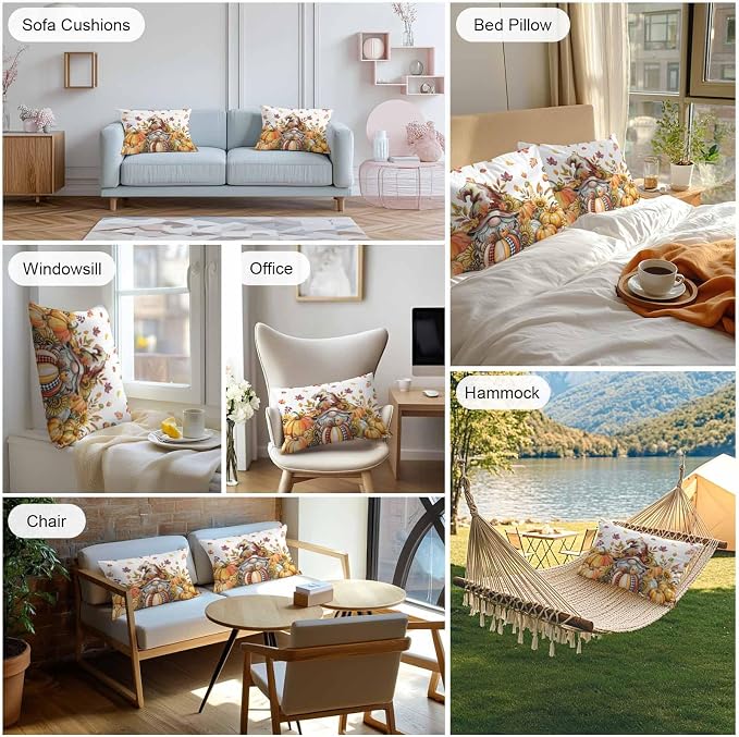 Fall Gnomes Outdoor Waterproof Pillow Covers, Thanksgiving Pumpkins Leaf Sunflowers Farm Decorative Rectangle Throw Pillowcase Sofa Cushion Sham for Patio/Couch/Chair, 20"x12" 2 Pack