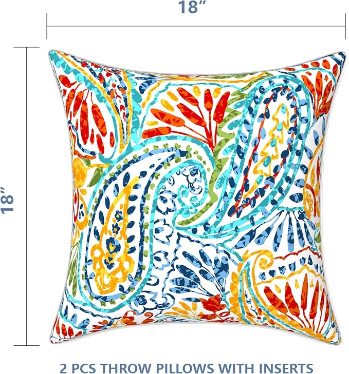 LVTXIII Outdoor/Indoor Throw Pillows, Decorative Patio Accent Pillows, Fluffy Water Repellent Garden Cushions for Home Patio Coach Sofa Use, 18×18 Inch, Pack of 2, Paisley Multi