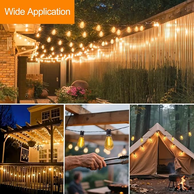 50FT S14 E12 Outdoor String Lights Waterproof Patio 24+1 (1 Spare) bulb
