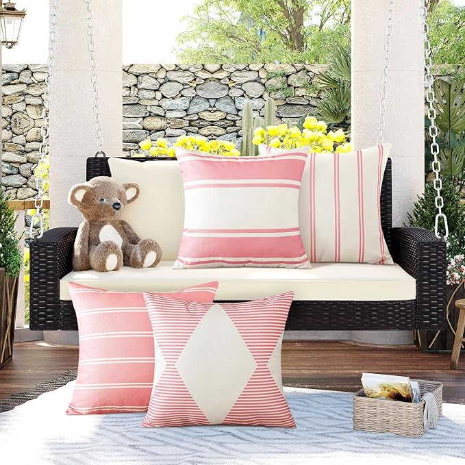 OTOSTAR Outdoor Waterproof Decorative Throw Pillow Covers 20x20 Inch Geometry Pillow Cases Square Cushion Case Garden Pillow Covers Pillows Shell for Patio Furniture Couch Tent Balcony Set of 4 (Pink)