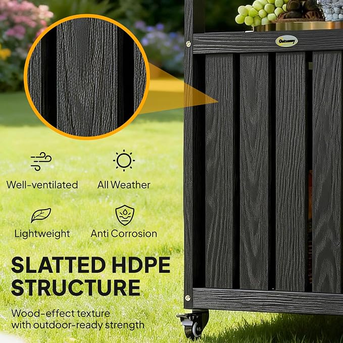 Outsunny Outdoor Bar Cart with Storage Cabinet, Stainless Steel Top Kitchen Island on Wheels, HDPE Outdoor Bar Table, Movable Patio Beverage Food Prep Table for BBQ Picnic, Black