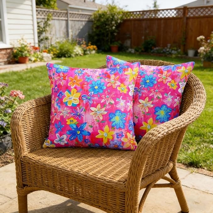ONWAY Outdoor Floral Pillow Covers 18X18 inch Set of 2 Waterproof Yellow and Blue Flowers Pink Decorative Throw Pillowcases for Patio Furniture Garden Spring Summer Cushion Cover