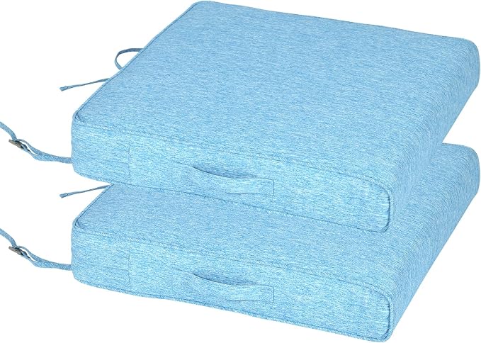 Aoodor Patio Chair Cushions Set of 2, 23 x 26 x 4 Inch Water Resistant Outdoor Seat Cushions with Handle and Ties, Square Corner Cushions for Patio Furniture Garden Lawn, Lake Blue