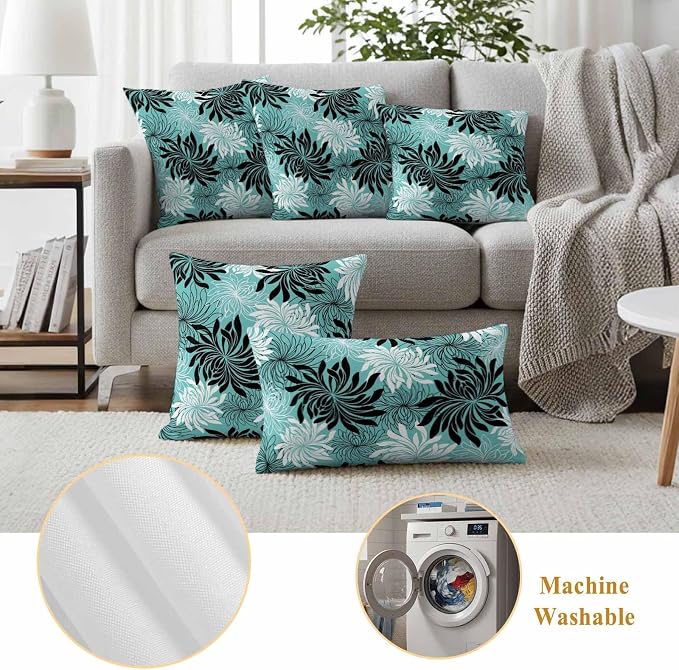 Yukro Teal Black Floral Outdoor Waterproof Pillow Covers Pack of 2, Vintage Teal White Black Flower Decorative Throw Pillowcases Cushion Covers for Garden Patio Tent Sofa Couch, 16x16 inch