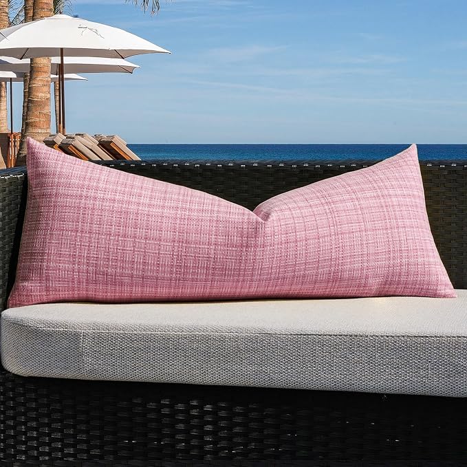 Kevin Textile Outdoor Waterproof 14"x36" Lumbar Pillow Cover 1 Pack, Pink | Water Resistant, Faux Linen Yarn-dyed, Woven Texture Throw Pillow Covers for Tent Patio Garden Couch Sofa