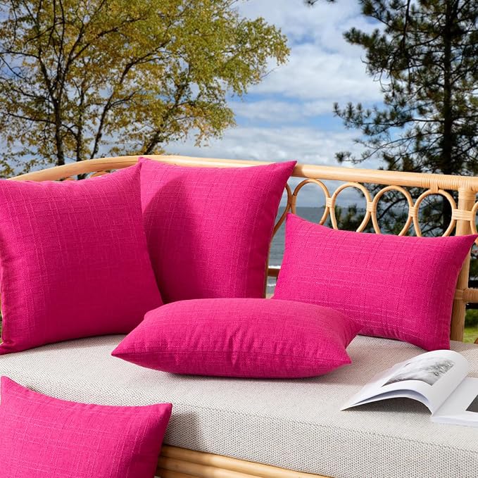 Kevin Textile Outdoor Waterproof 14”x24” Pillow Covers 2 Pack, Hot Pink | Water Resistant, Soft Faux Linen-cotton Yarn-dyed Woven Texture Throw Pillow Covers for Tent Patio Garden Couch Sofa