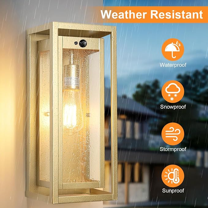 15" Motion Sensor Gold Outdoor Light Fixture Wall Mount, 3 Lighting Modes Waterproof Anti-Rust Wall Sconces, 2 Pack Exterior Lighting Fixtures for Front Door, Porch, Garage