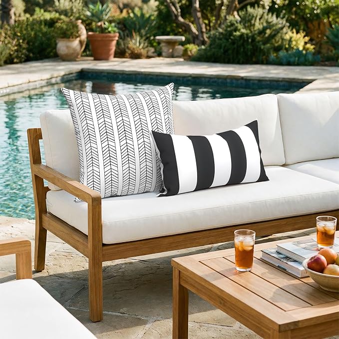 Pack of 2 Patio Throw Pillow Covers ONLY, Water Repellent Cushion Cases 20x20 Inch, Square Pillowcases for Outdoor Couch Decoration, HerringboneWhite