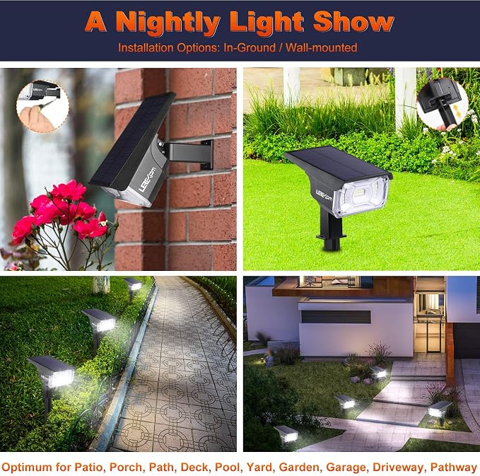 LEREKAM Solar Spot Lights, IP65 Waterproof 40 LEDs Landscape Spotlights,USB & Solar Powered Wall Lights Dark Sensing Auto On/Off,3 Modes Outdoor Solar Garden Lights for Yard Porch 2 Pack