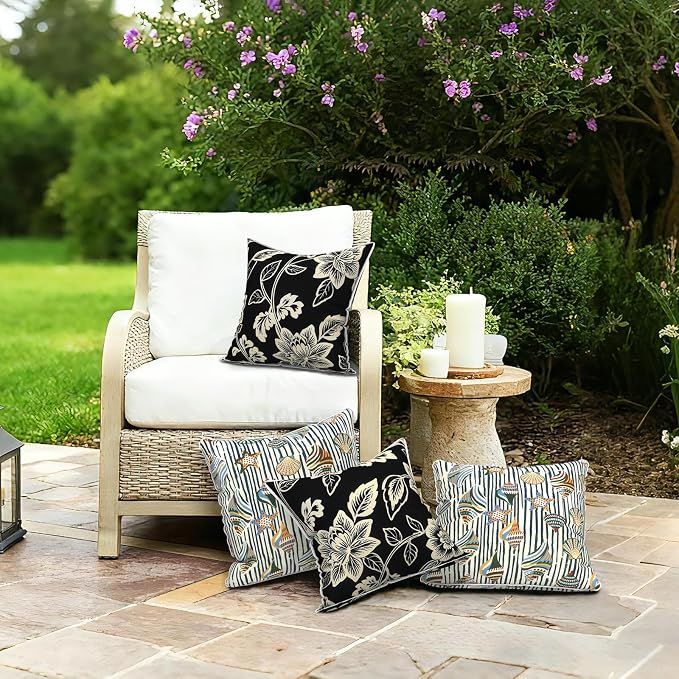 LVTXIII Set of 2 Patio Throw Pillows Waterproof 16"x16" Fade Resistant Outdoor Throw Pillow with Inserts,Decorative Garden Toss Pillow Cushions for Home Patio Sofa Use, Elegant Vines Black