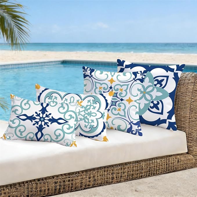 NIGHTWISH Outdoor Waterproof Pillow Covers 12x20 Set of 4 Teal Boho Decorative Outdoor Throw Pillows Floral Cushion Cases for Patio Furniture Bench Couch Sunbrella