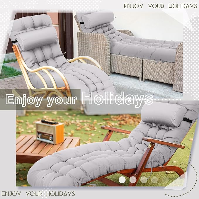 Tudomro Outdoor Chaise Lounge Cushion 66x21x4'' Waterproof & Fade-Resistant Patio Pool Chaise Lounge Cushion Headrest Pillow Tie Replacement Rocking High Back Chair(Light Gray,Set of 2)