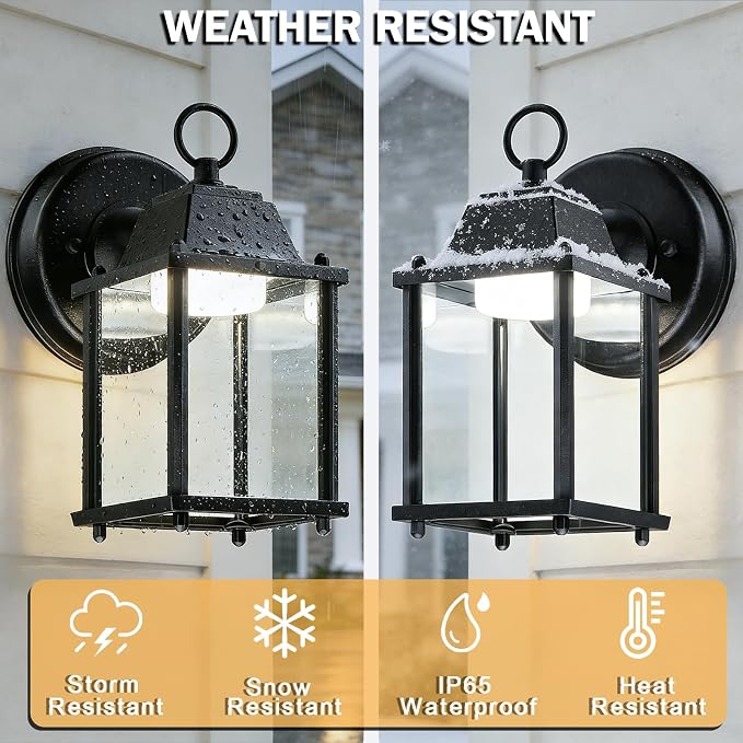Outdoor Wall Light Fixture, Rustproof Aluminum, Clear Glass, LED | Exterior Porch Light Wall Sconce Lantern for House, Patio, Garage, Waterproof Anti-rust, 9.5W 800 Lumen, 5000K, Black, 1 Pack