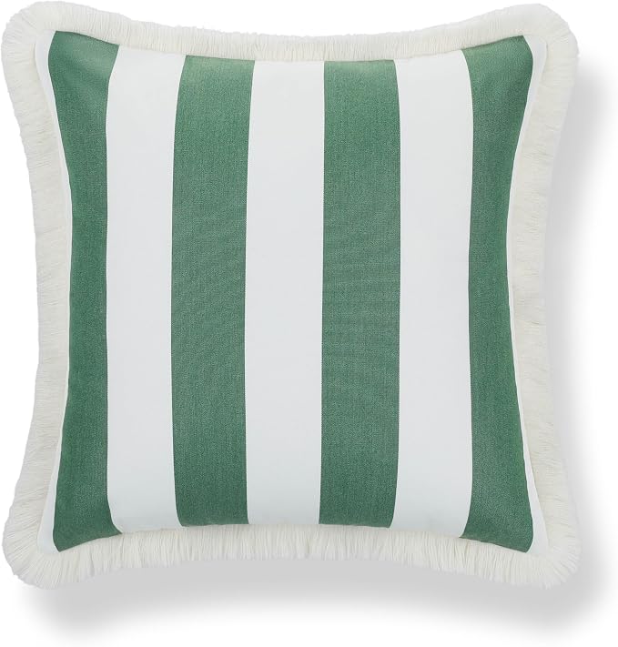 Hofdeco Premium Coastal Hampton Outdoor Performance Throw Pillow Cover Only, 20"x20" Water Repellent, UV and Fade Resistant for Backyard, Couch, Poolside, Green Woven Beach Stripes