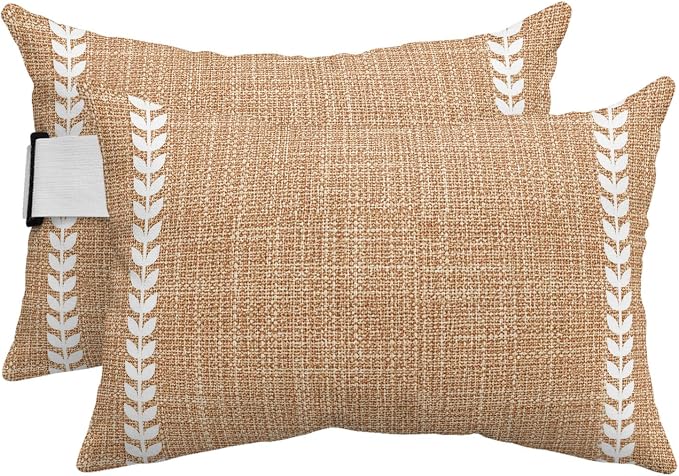 Bohemia Outdoor Lumbar Pillows 11x16 Set of 2, Modern Minimalist Leaves Vertical Lines Linen Tan Waterproof Throw Pillow Covers with Insert, Decorative Pillowcase Cushion for Couch Sofa Bed
