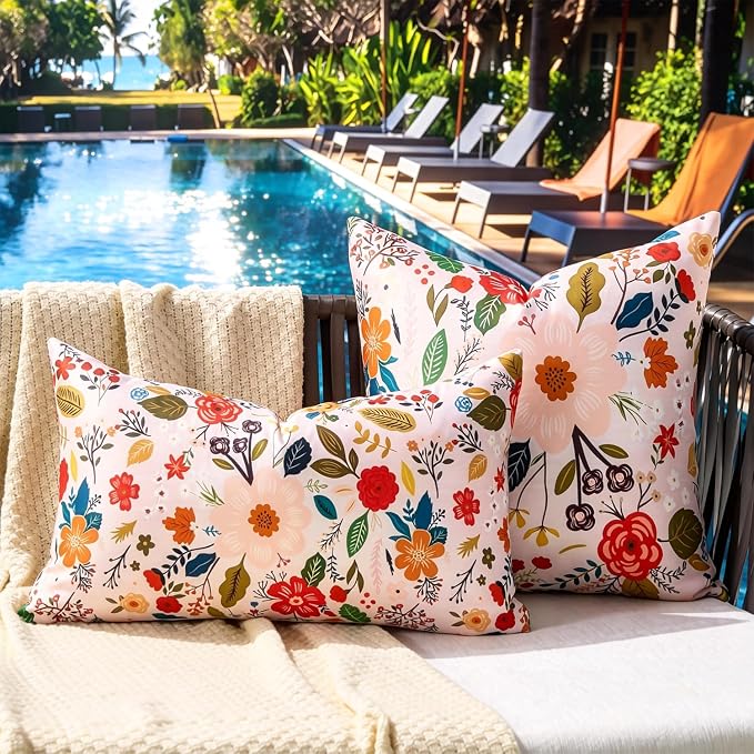 Waterproof Floral Throw Pillow Covers Summer Outdoor Decorative Pillow Covers Pink Accent Square Couch Covers Garden Farmhouse Cushion Cases 18x18 Inch Set of 2 for Patio Tent Balcony Furniture Sofa