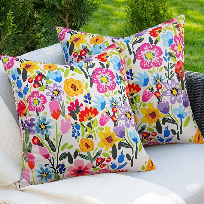 Adabana Outdoor Waterproof Floral Pillow Covers 16x16 Inch | Colorful Outdoor Pillow Covers Summer Decirative for Patio Furniture Porch Garden Pillows