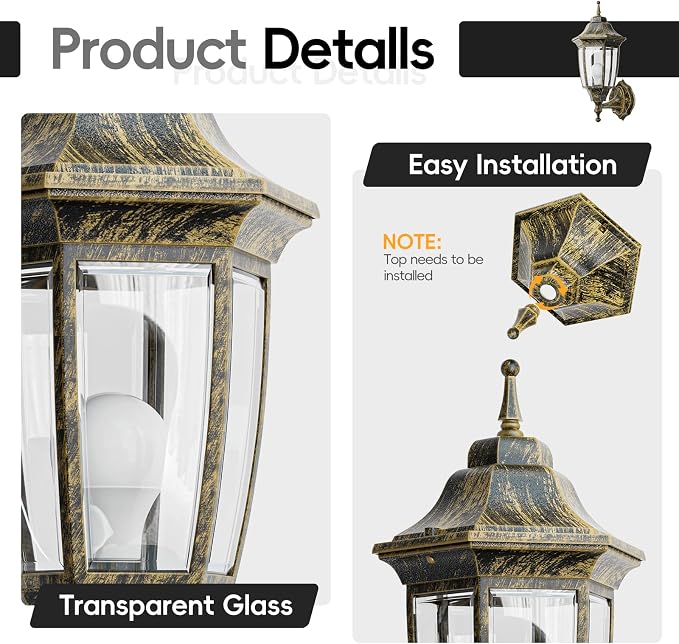 EMART Dusk to Dawn Outdoor Porch Light with Bulb, Wall Lamp(2 Pack, Gold) | Exterior Anti-Corrosion, Waterproof Aluminum & Glass Shades, Modern Sconce Lantern Fixtures for Outside, House, Garage