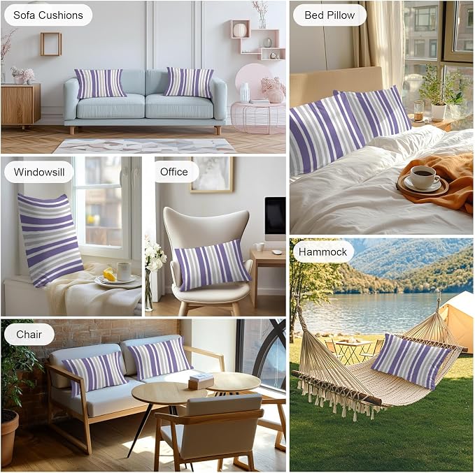 Purple Grey Stripe Outdoor Pillow Covers 20x12 Inch Lumbar Pillow Covers Set of 2 Waterproof Decorative Throw Pillow Cases Farmhouse Minimalist Striped Cushion Covers for Patio Furniture Garden Couch