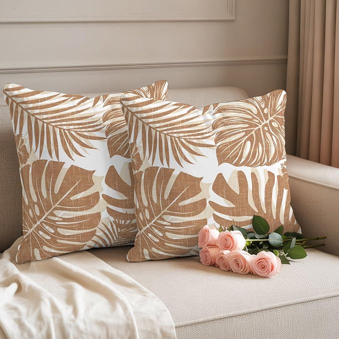 Brown Palm Leaves Outdoor Pillow Covers 18"x18" Set of 2, Tropical Botanical Minimalist Modern Waterproof Throw Pillow Covers for Patio Furniture, Decorative Cushion Covers for Porch