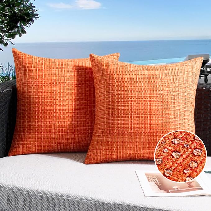 UGASA Fall Outdoor Waterproof Throw Pillow Covers Pack of 2 Patio Water Resistant Pillow Cases Summer Woven Texture Decorative for Outside Garden Porch Yard Bench Tent 20x20 Inch, Orange