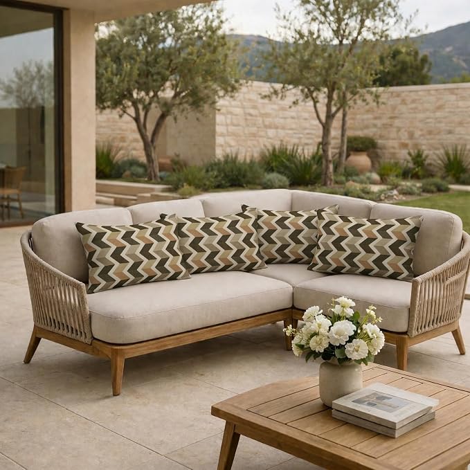 RSH DECOR: Sunbrella Jumbo Lumbar Throw Pillows Set of 4 | 26" x 16" | Indoor Outdoor | Water & Fade-Resistant | Includes Down-Alternative Inserts | Made in USA (Prism Fossil)