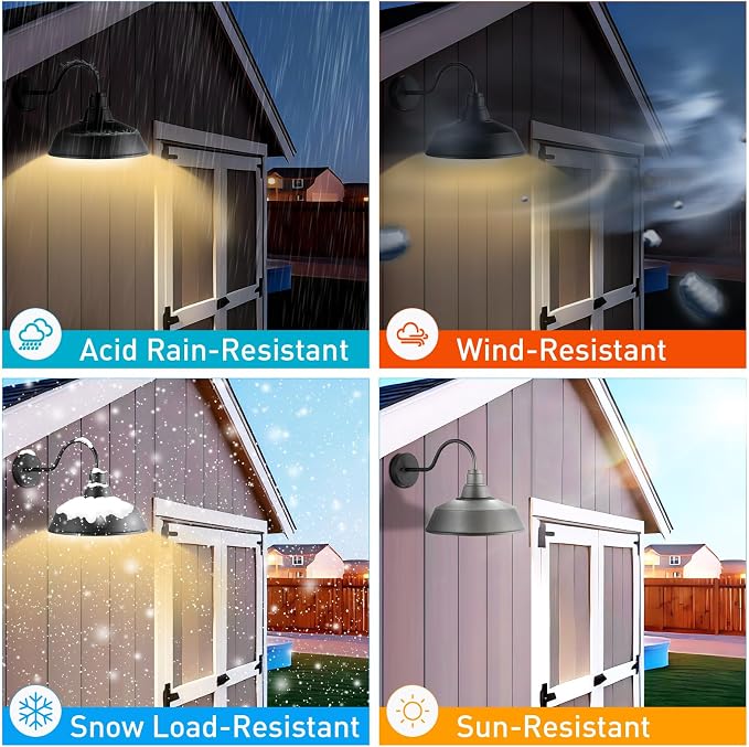 14.5" Dome Gooseneck Barn Light, Outdoor Anti-Rust&Waterproof Farmhouse Wall Sconce, Outdoor Wall Lanterns for Porch/Patio, E26 Base 100W Max(Black 2-Pack Exterior Lighting Fixtures)