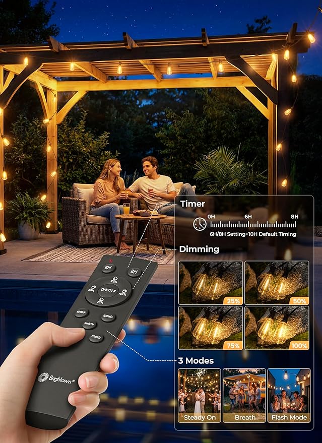 Brightown 58FT Solar String Lights Outdoor Waterproof, 26Hrs Runtime | 25+1 LED Bulbs, USB & Solar Powered, Remote Control & Dimmable Timer, Ideal for Backyard, Garden, Camping & Party Decor