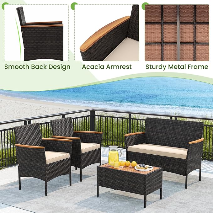 HAPPYGRILL 8 Pieces Outdoor Patio Rattan Furniture Set, Rattan Conversation Set with Chairs & Loveseat, Acacia Wood Tabletop & Armrest, Outdoor Cushion Sofa Set for Backyard Patio Poolside