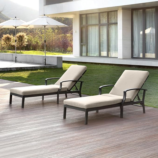 2 Pieces Patio Chaise Lounge Chairs, Never Rust Aluminum Outdoor Pool Lounge Chairs with Gray Cushion, 6-Position Adjustable Backrest Outdoor Loungers Pool Chaise Chair for Beach, Gunmetal