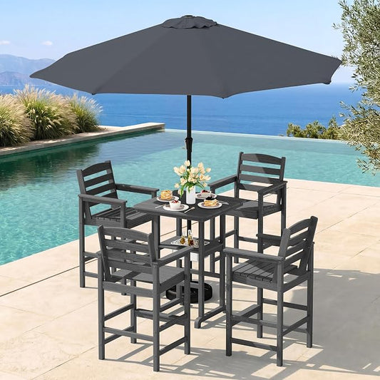 SERWALL Adirondack Bar Chairs and Table 5 Pieces Set with Umbrella, HDPE Bar Height Chairs Set of 2 and Bar Table with Ice Bucket, Outdoor Bar Stools Set for Balcony, Poolside, Backyard, Grey