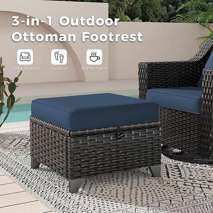 9 Pieces Patio Conversation Furniture Set - 1 Sofa, 2 Ottomans, 4 Swivel Chairs, 2 Side Tables, Outdoor Wicker Furniture with Removable Cushions for Porch, Balcony, Sunroom (Blue)
