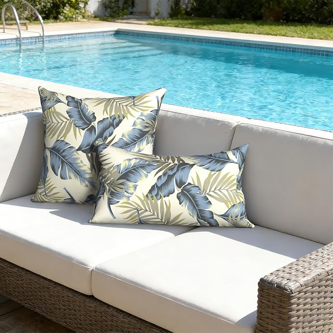 12x20 Inch Lumbae Pillow Covers, Rectangle Waterproof Throw Covers Set of 2, Decorative Patio Furniture Cushion Cases for Porch Garden, Lush Palm Blue