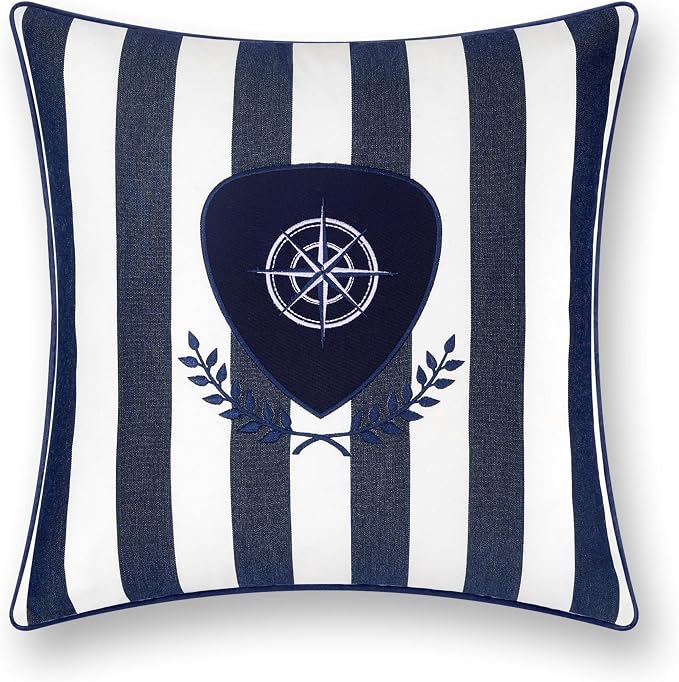 Hofdeco Premium Coastal Outdoor Performance Throw Pillow Cover Only, 18"x18" Water Repellent, UV and Fade Resistant for Backyard, Couch, Poolside, Navy Blue Embroidered Nautical Yacht Stripe