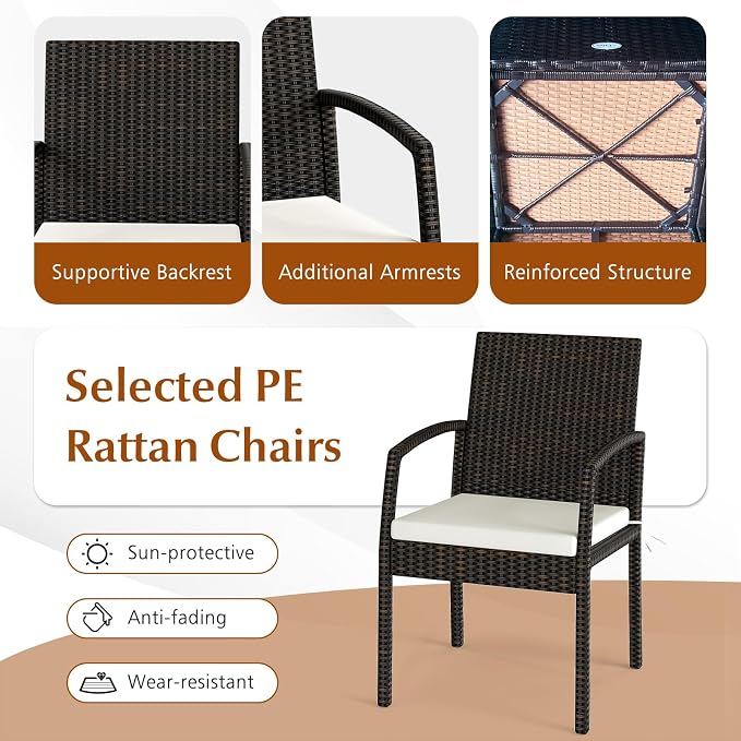 HAPPYGRILL 7-Piece Patio Dining Set Outdoor Rattan Wicker Furniture Set with Umbrella Hole, Steel Frame, Acacia Wood Tabletop & Removable Cushions, for Backyard, Porch, Garden