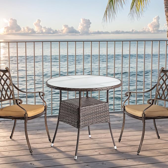 VINGLI 32" Outdoor Dining Table, Wicker Round Patio Table Tempered Glass Patio Dining Table Outdoor Table for Balcony Garden Deck and Porch, Brown