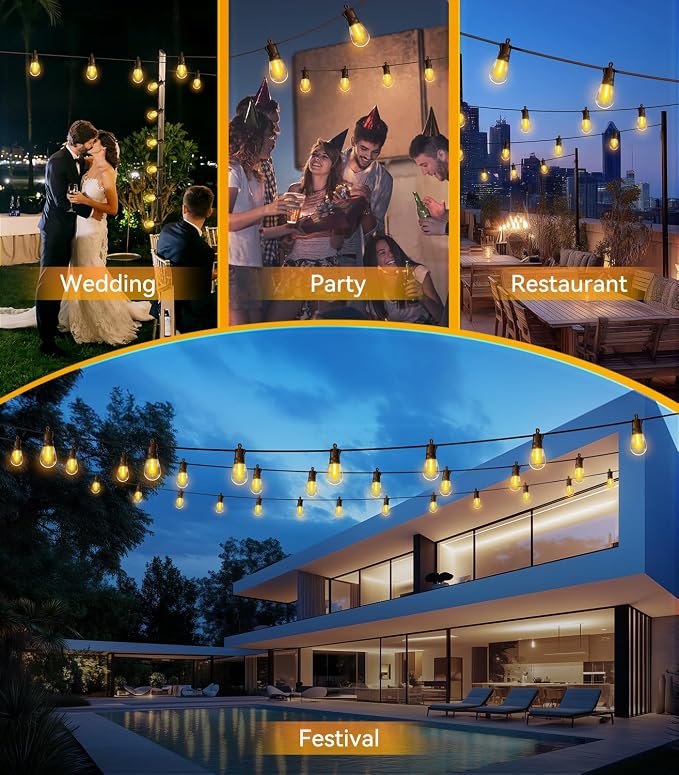 Outdoor String Lights Patio LED - Light Outside Waterproof S14 Porch Lighting Edison Plastic Bulb Pergola Hanging Balcony Connectable Backyard Yard Gazebo Party Garden Bistro 60M 200FT